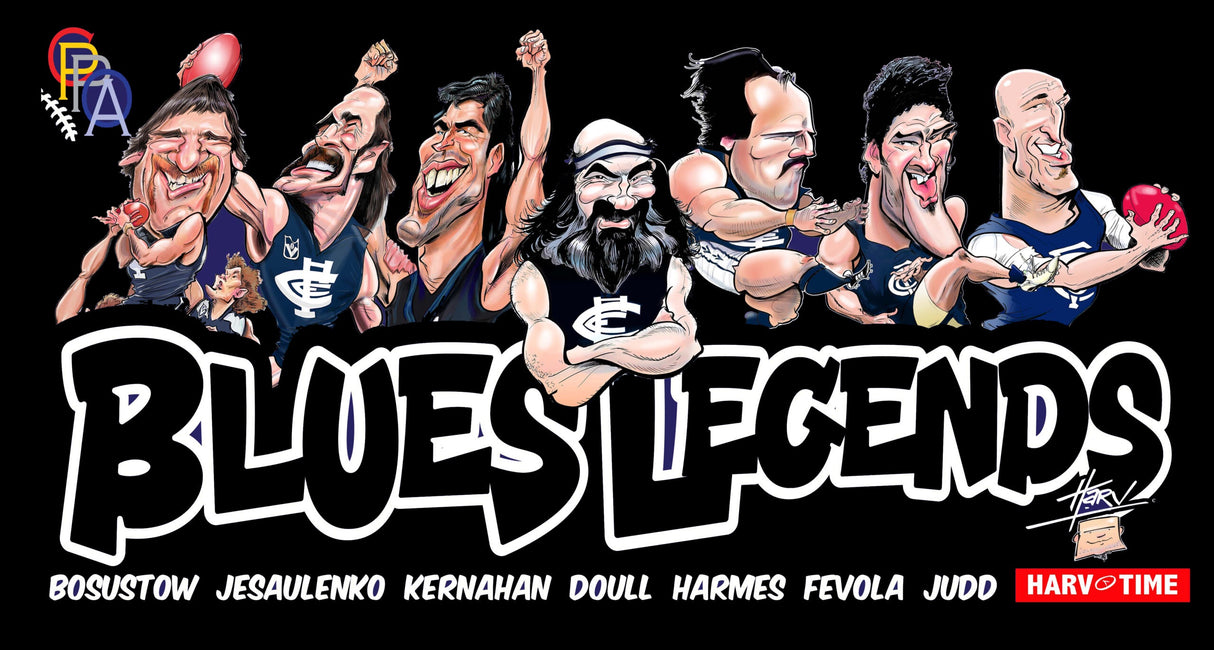 Carlton Blues Player Legends Caricature Stubby Holders. Art by HarvTime.