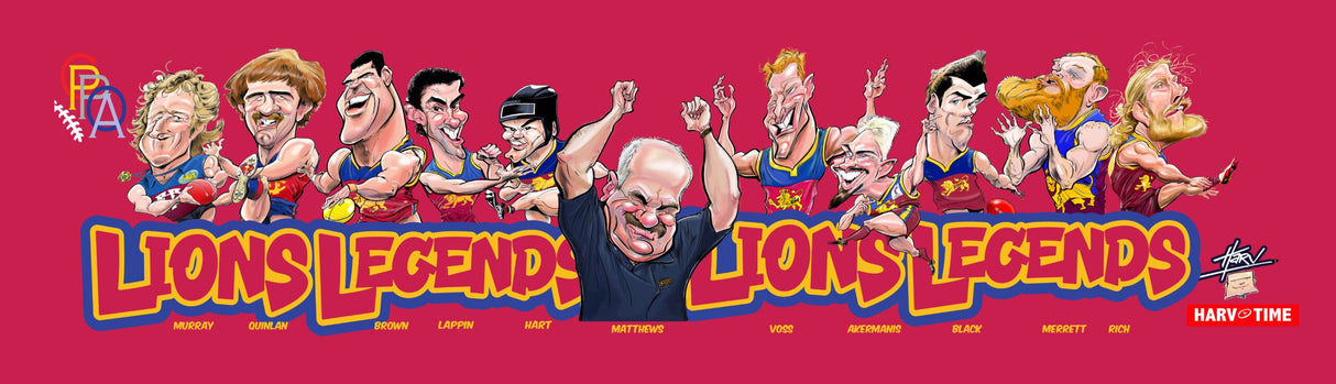 Fitzroy & Brisbane Lions Player Legends Caricature Bar Runner. Art by HarvTime