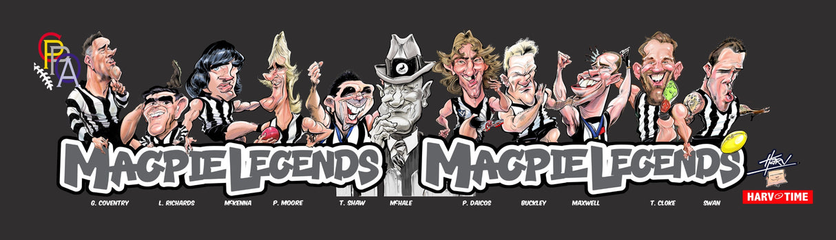 Collingwood Magpies Player Legends Caricature Bar Runner. Art by HarvTime.