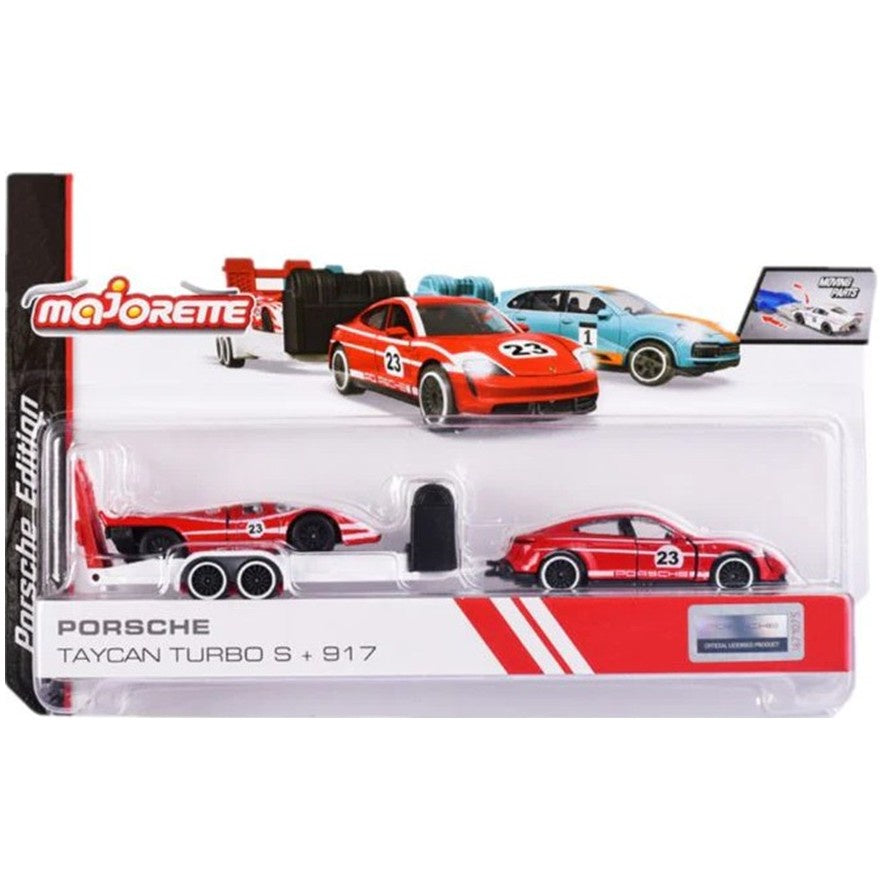 Majorette - Porsche Taycan Turbo S, Porsche 917, trailer, 1:64 Scale Diecast Car