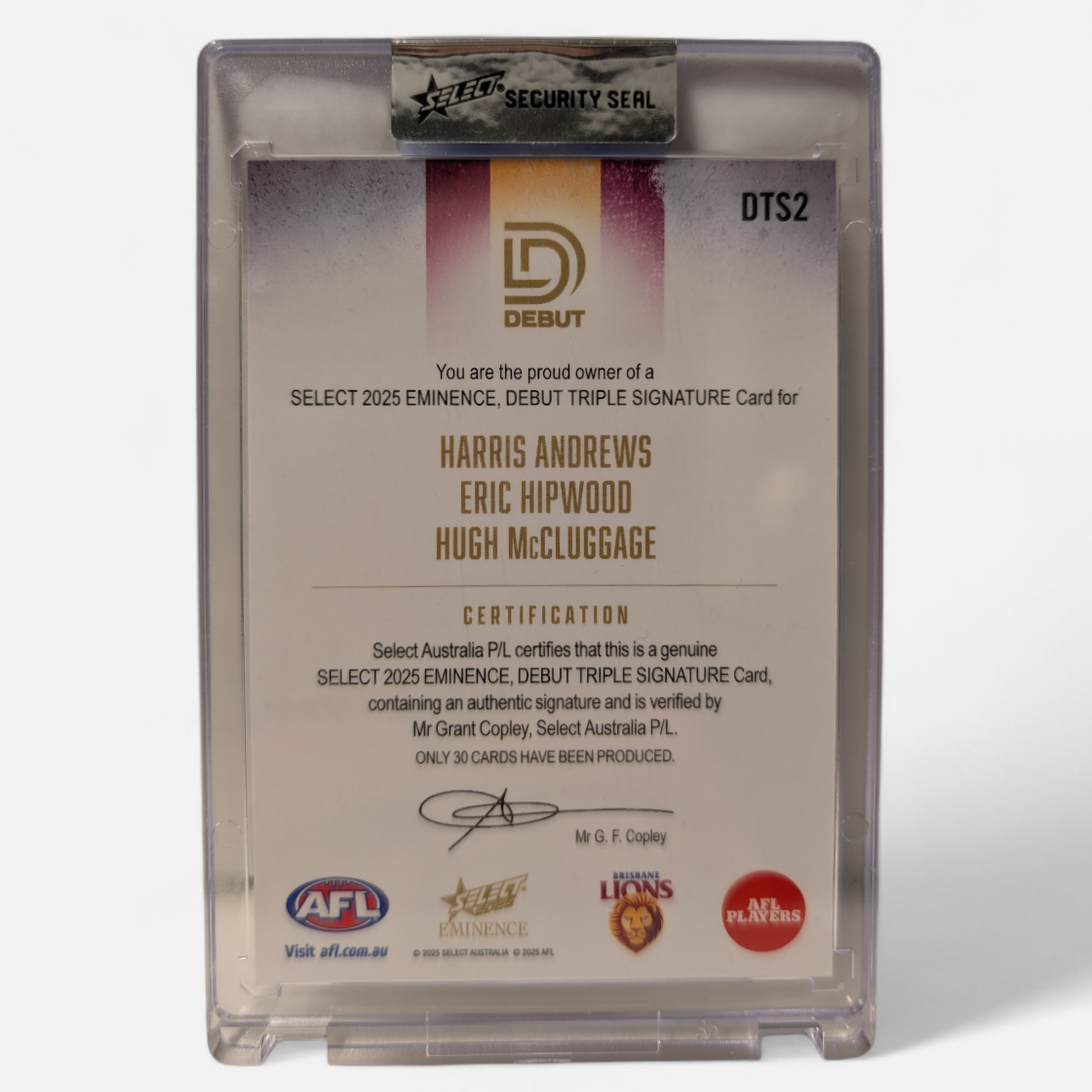 Andrews, Hipwood, McCluggage, Debut Triple Signature, 2025 Select AFL Eminence