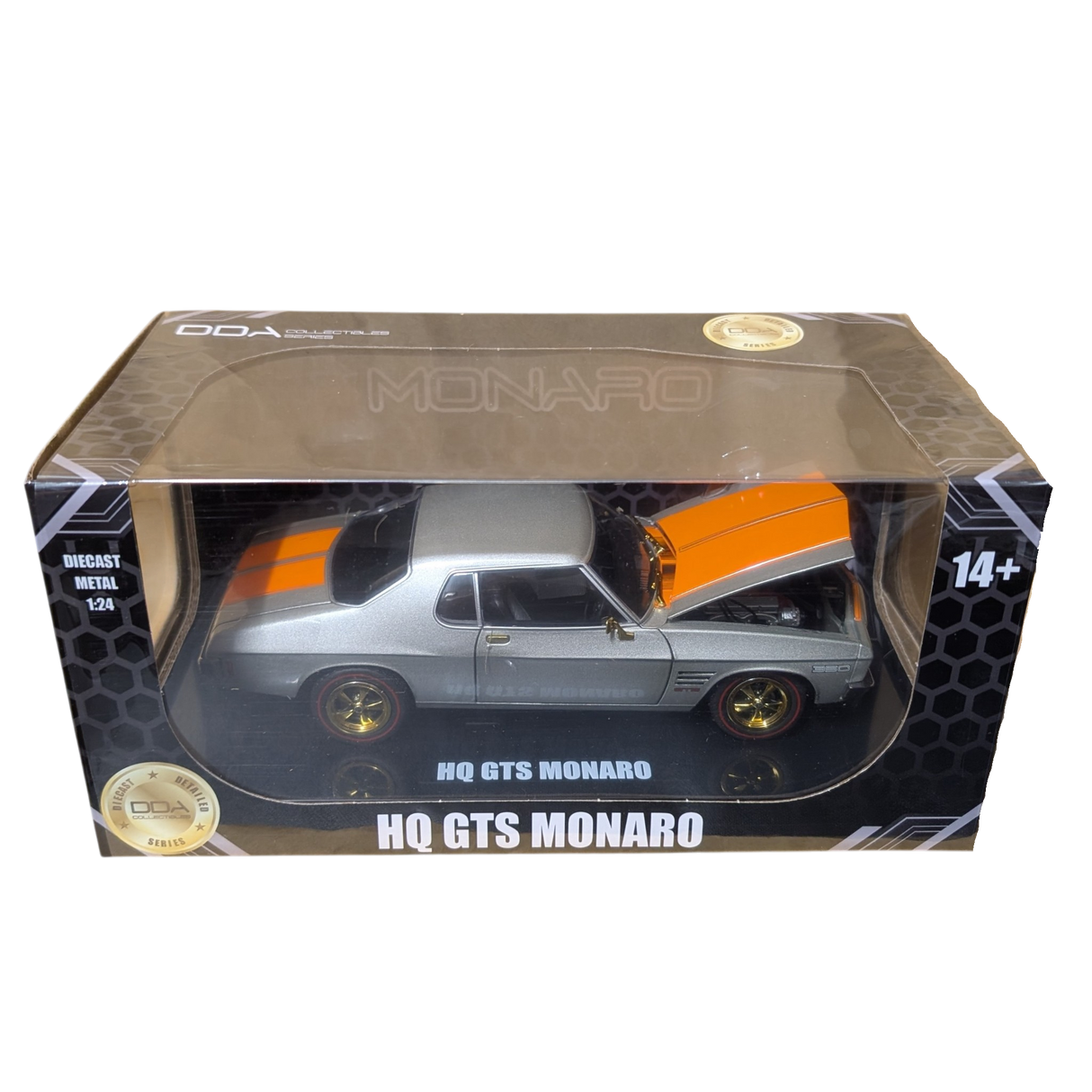 CHASE VERSION: Silver w/Orange Stripe Holden HQ GTS Monaro, 1:24 Scale Diecast