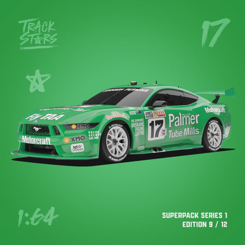 TrackStars #17 Ford Mustang GT Supercar - 1985 Greens’-Tuf Tribute Livery - Star Car, 1:64 Scale Diecast Car