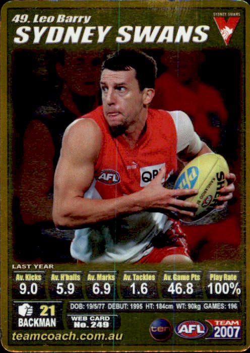 Leo Barry, Gold, 2007 Teamcoach AFL