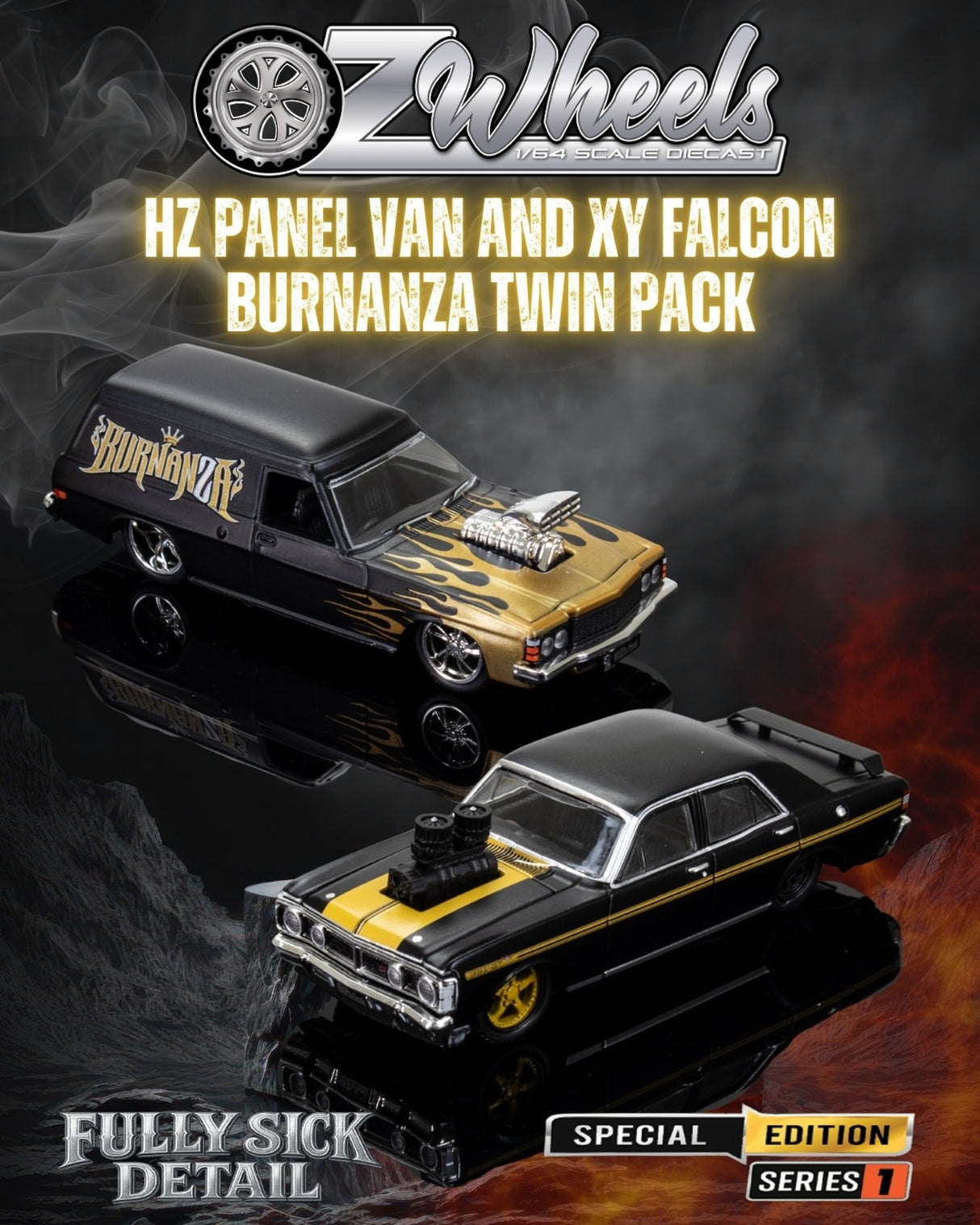 Oz Wheels Burnanza FSD, Holden HZ Panel Van & Ford XY Falcon Twin Set, 1:64 Scale Diecast Car