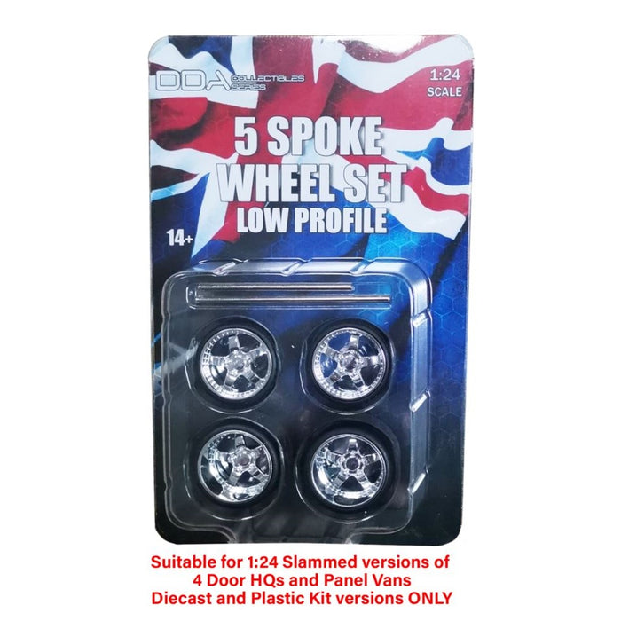 Set of 4 x Low Profile 5 Spoke Chrome Wheels w/Tyres & Axles,1:24 Scale