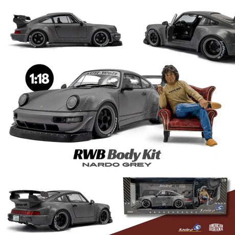 2024 Porsche RWB Body Kit Nargo Grey w/Akira Nakai Figure, 1:18 Scale Diecast Car