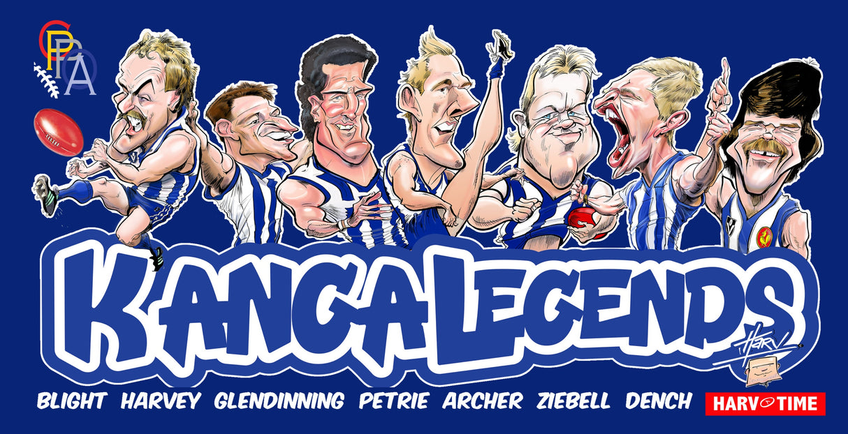 North Melbourne Kangas Player Legends Caricature Stubby Holders. Art by HarvTime.