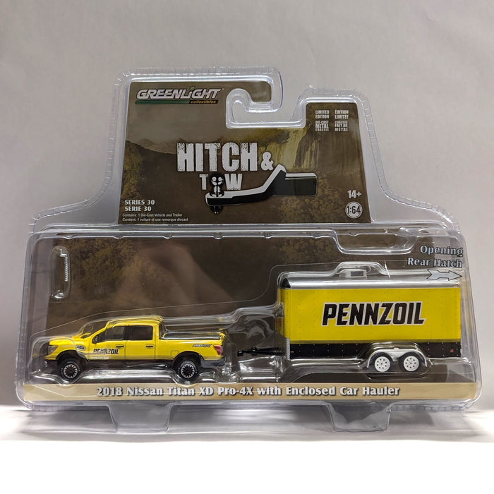 Pennzoil 2018 Nissan Titan XD Pro 4X w/Enclosed Trailer, Hitch & Tow, 1:64 Scale Diecast Model