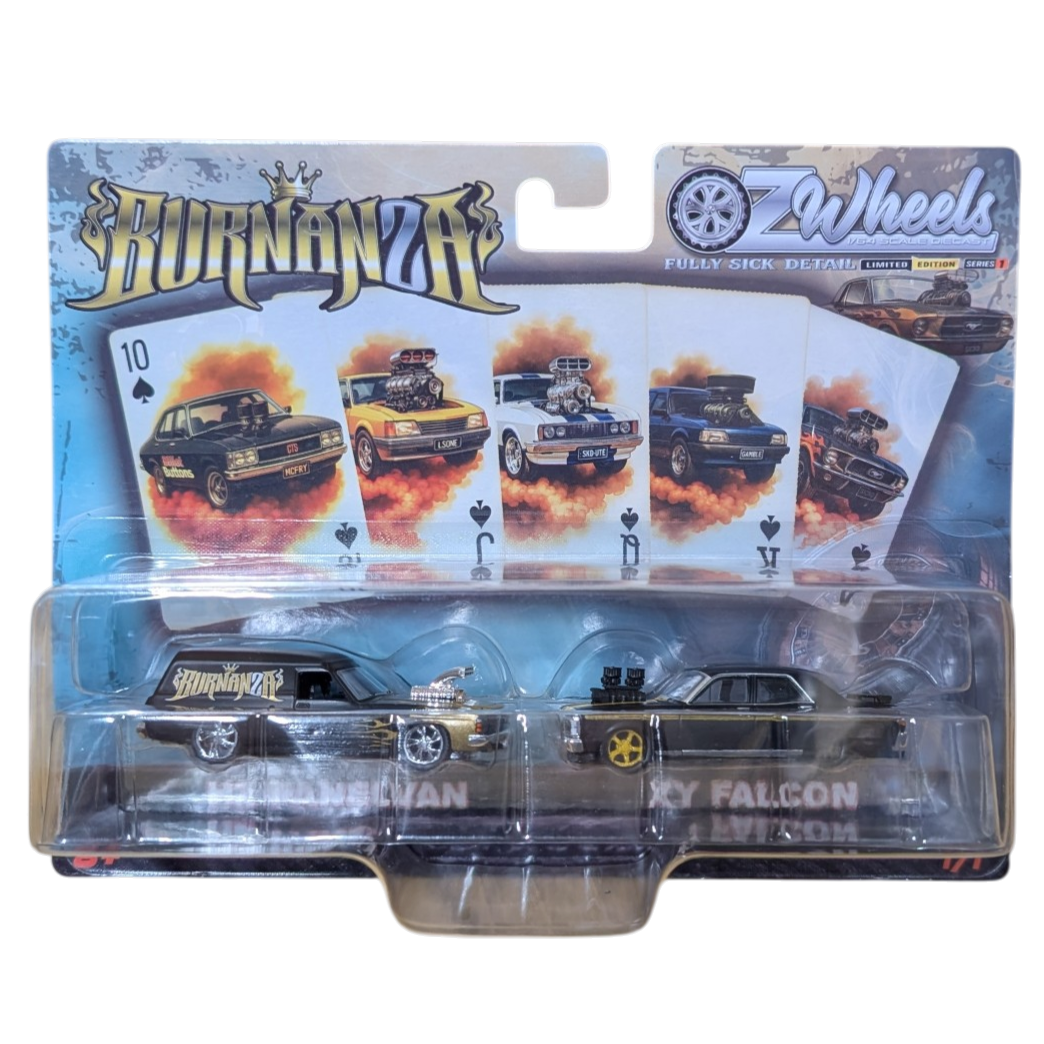 Oz Wheels Burnanza FSD, Holden HZ Panel Van & Ford XY Falcon Twin Set, 1:64 Scale Diecast Car