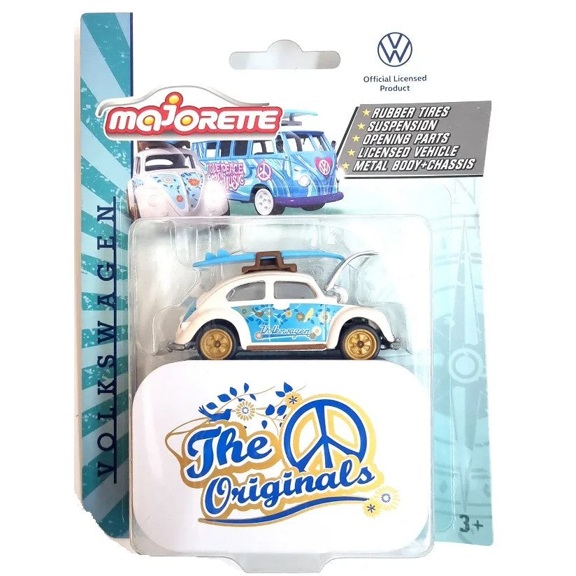 Volkswagen Beetle with Surfboard - Majorette: Volkswagen VW The Originals Deluxe Cars, 1:64 Scale Diecast Car