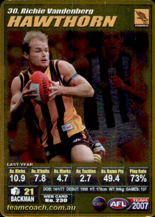 Richie Vandenburg, Gold, 2007 Teamcoach AFL