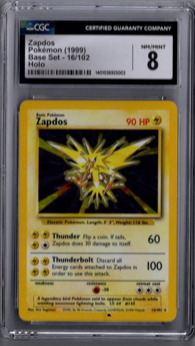 Zapdos, 1999 Pokemon Base Set Holo, Graded CGC 8