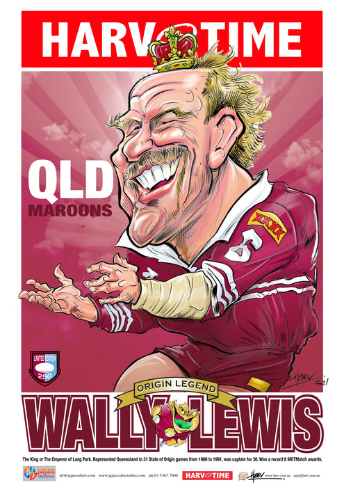 Wally Lewis, State of Origin QLD Maroons, Harv Time Poster