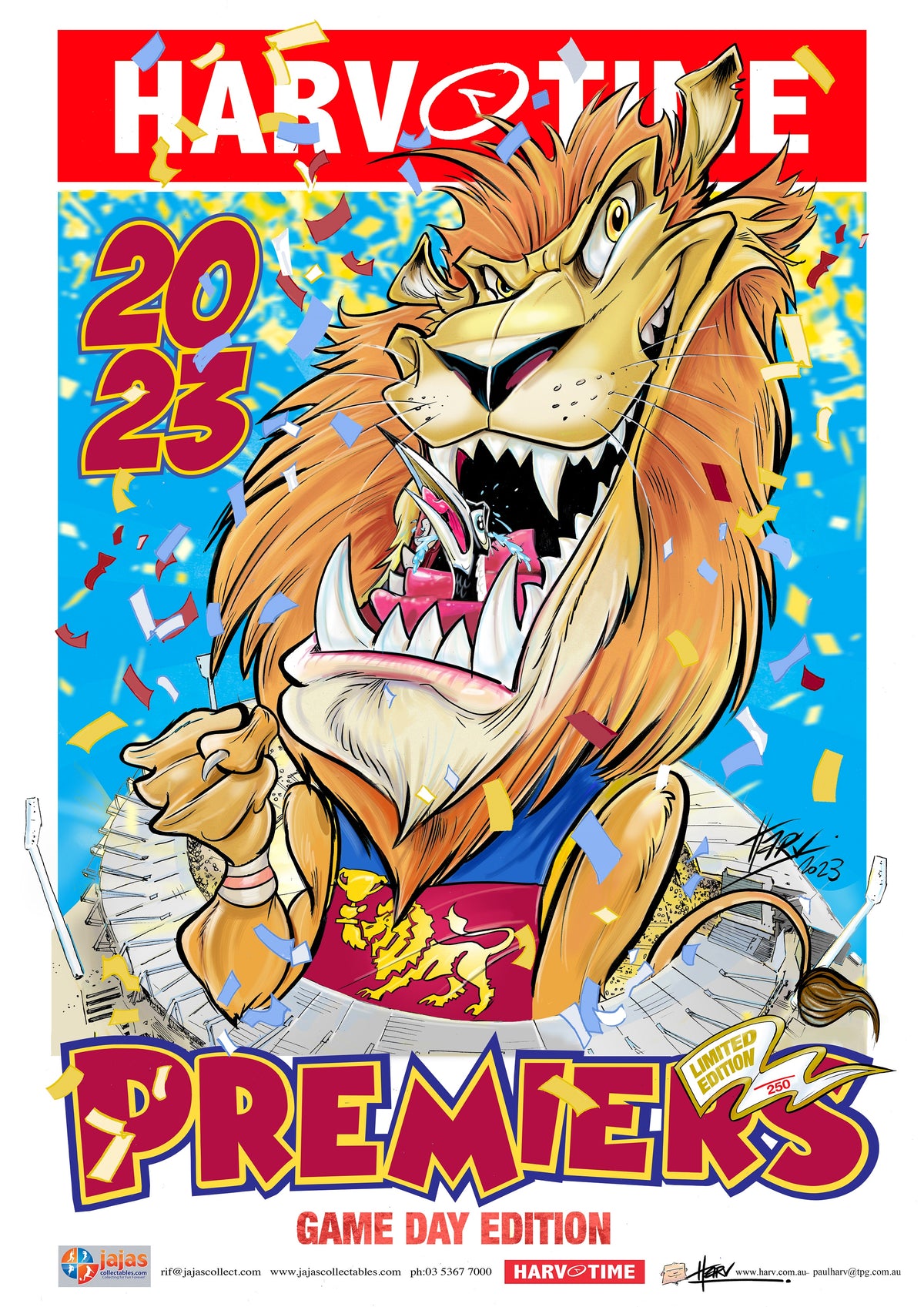 Brisbane Lions 2023 AFL Premiership Poster GAME DAY Harv Time Ja Ja brisbane-lions-2023-afl-premiership-poster-game-day-harv-time-ja-ja