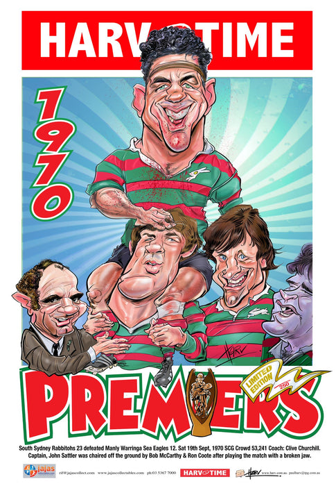 South Sydney Rabbitohs 1970 NRL Premiers Game Day Harv Time Poster