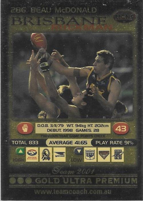 Beau McDonald, Gold, 2001 Teamcoach AFL