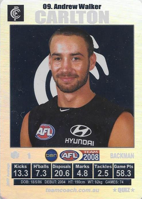 Andrew Walker, Silver Quiz card, 2008 Teamcoach AFL