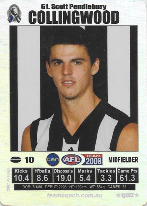 Scott Pendlebury, Silver Quiz card, 2008 Teamcoach AFL