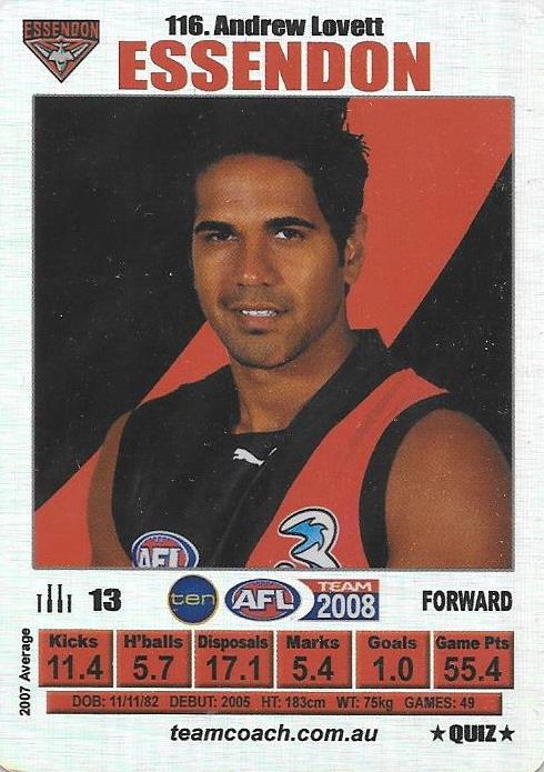 Andrew Lovett, Silver Quiz card, 2008 Teamcoach AFL