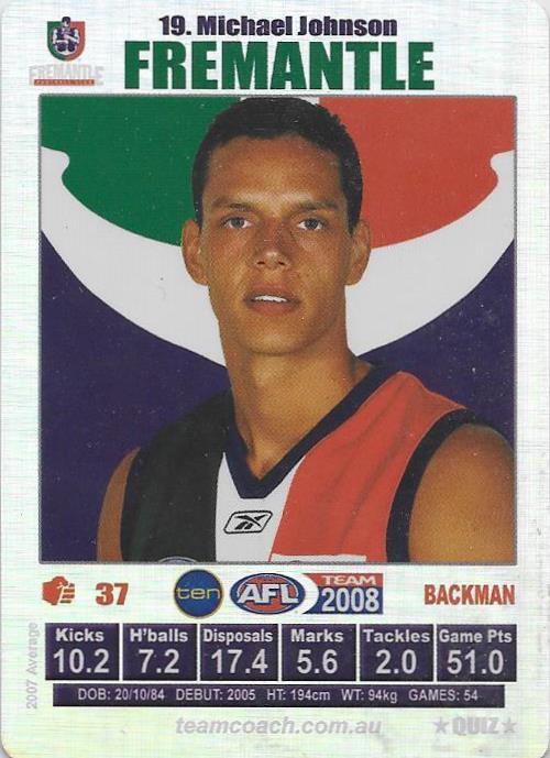 Michael Johnson, Silver Quiz card, 2008 Teamcoach AFL