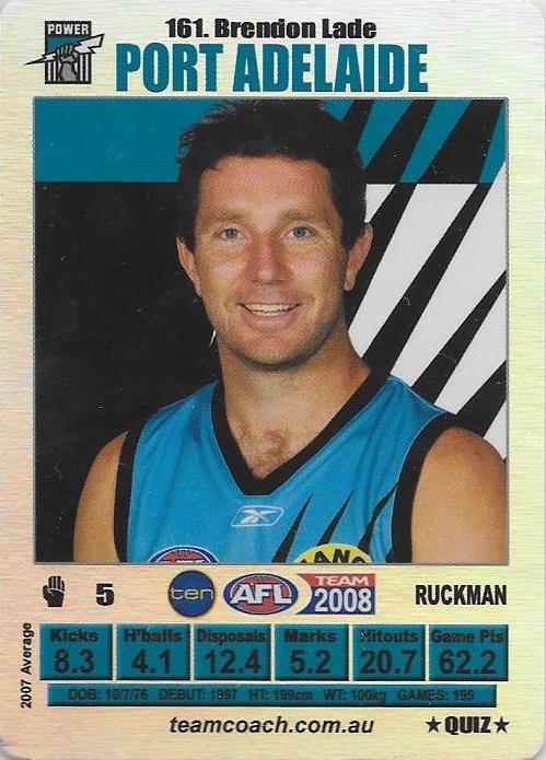 Brendon Lade, Silver Quiz card, 2008 Teamcoach AFL