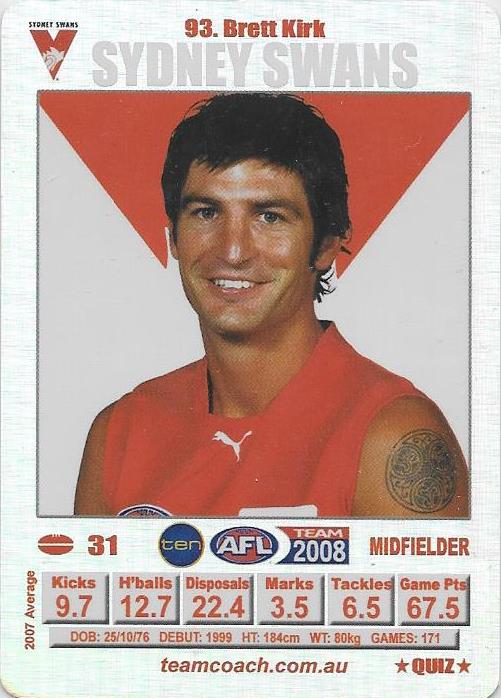 Brett Kirk, Silver Quiz card, 2008 Teamcoach AFL