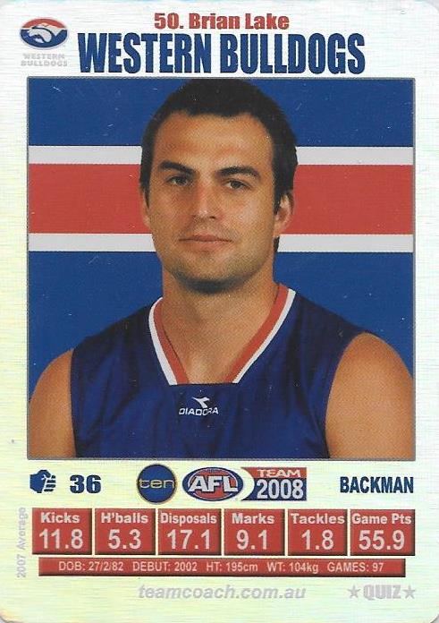 Brian Lake, Silver Quiz card, 2008 Teamcoach AFL