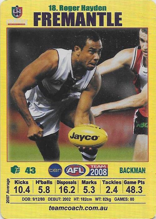 Roger Hayden, Gold card, 2008 Teamcoach AFL