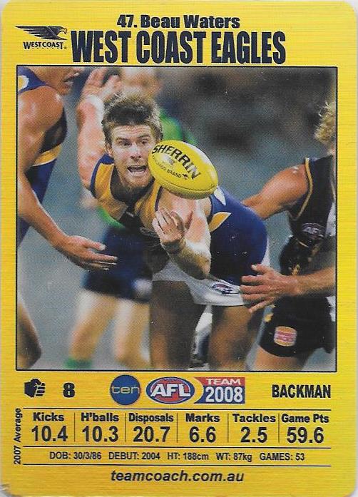 Beau Waters, Gold card, 2008 Teamcoach AFL