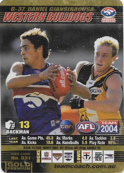 Daniel Giansiracusa, Gold card, 2004 Teamcoach AFL