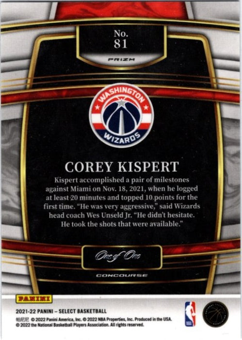 Corey Kispert, RC, Concourse 1 of 1 Prizm, 2021-22 Panini Select Basketball NBA