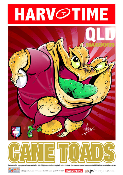 State of Origin Qld Cane Toads, NRL Mascot Harv Time Poster
