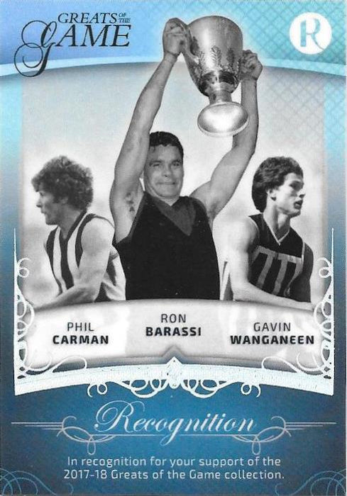 Ayres, Reynolds, Walker, Carmen, Barassi, Wanganeen, Recognition card, 2017 Regal Football Greats of the Game
