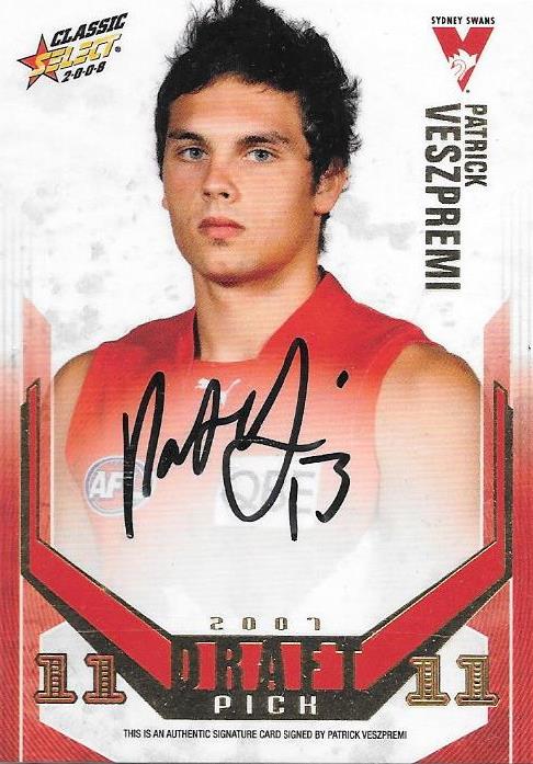 Patrick Veszpremi, Draft Pick Signature card, 2008 Select AFL Classic