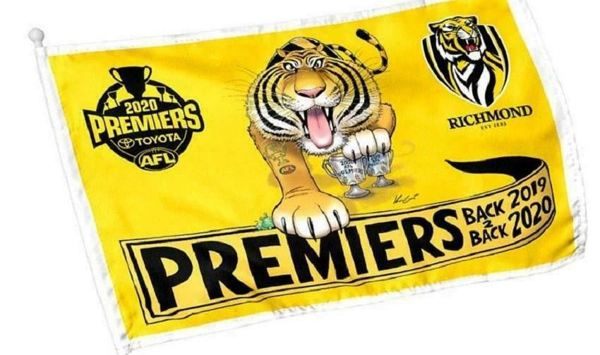 Back to Back 2020 RICHMOND TIGERS PREMIERSHIP CARICATURE SUPPORTER FLAG