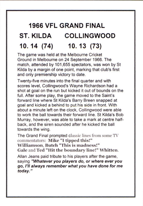 St Kilda Saints 1966 Premiers Card Set by Noel