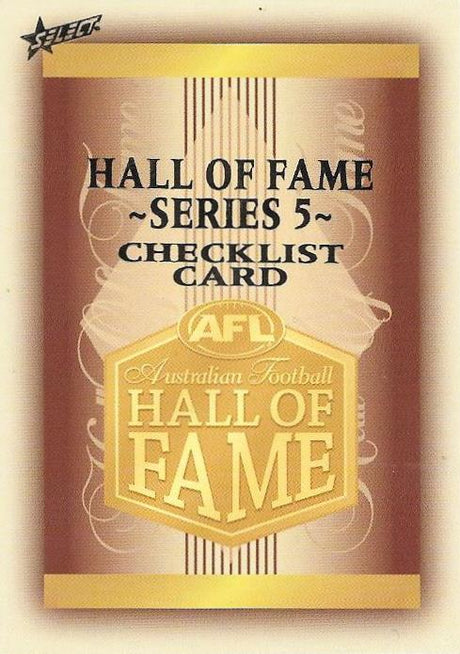 Checklist, Hall of Fame Red Back Parallel, 2018 Select AFL Legacy