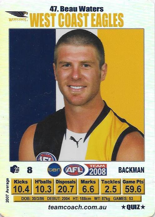 Beau Waters, Silver Quiz card, 2008 Teamcoach AFL
