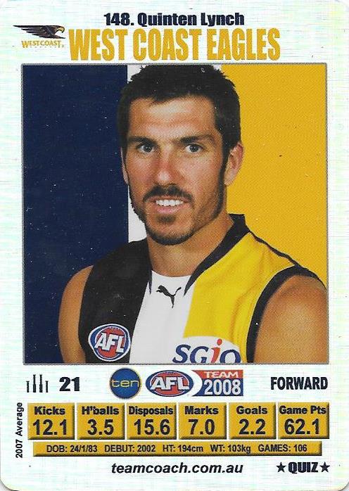 Quinten Lynch, Silver Quiz card, 2008 Teamcoach AFL